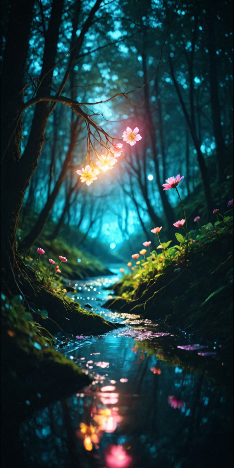 A narrow stream meandering under a tree with blossoms that appear to emit a soft glow in a dense forest. The water reflects the subtle light from the flowers and the dim glow from what sunlight filters through the canopy.