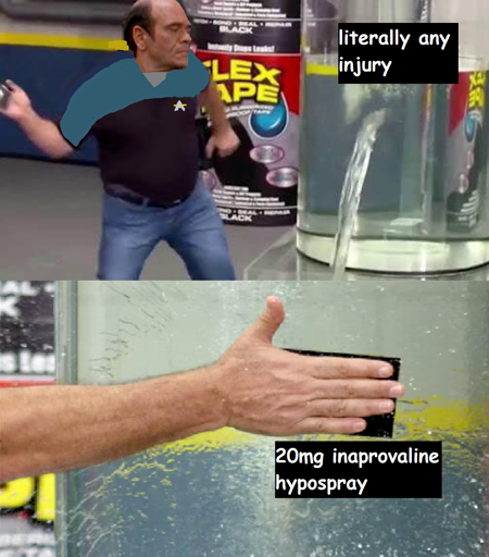 two panel meme. the first is the flex seal guy, with the EMH's head and uniform crudely added over him, winding up to put flex seal on a leaking container of water labelled "literally any injury." The second panel is a close up of the seal, now applied, labled "20mg inaprovaline hypospray"