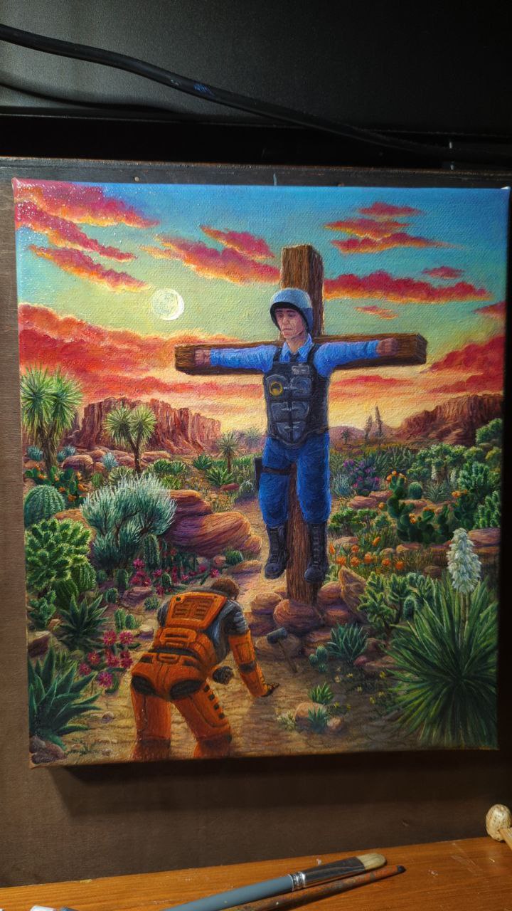 Painting of Barry on a cross with Gordon bowing down