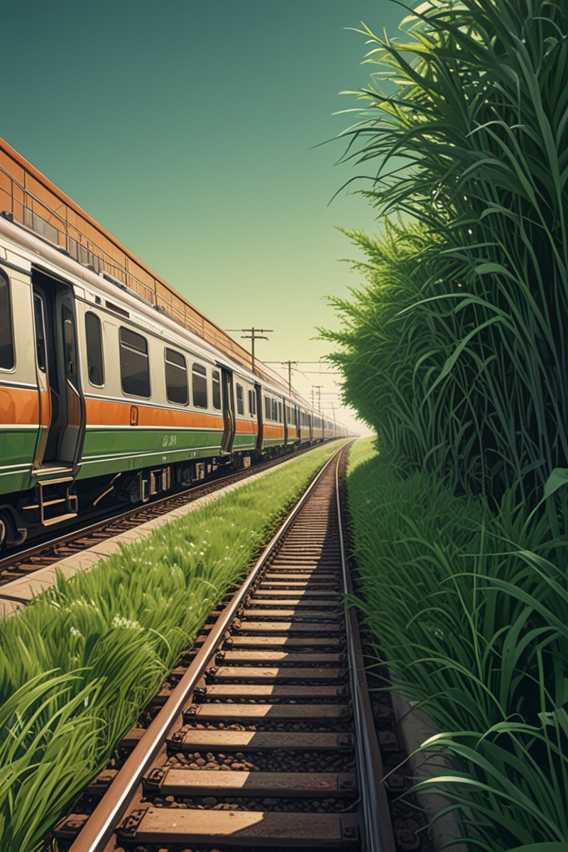 A train moving along a railway that cuts through a lush field of tall green grass under a clear sky. The train is white with orange and green stripes. 