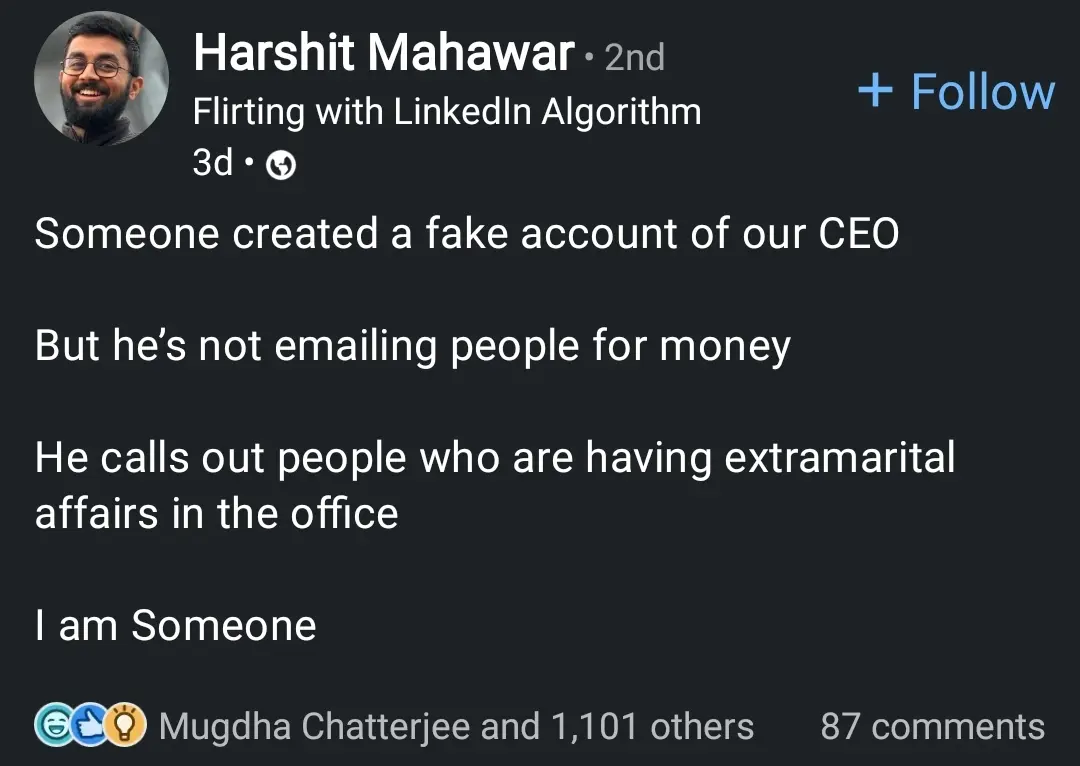 linkedin post

someone created a fake account of our CEO
But he's not emailing people for money.
He calls out people who are having extramarital affairs in the office.
I am Someone.